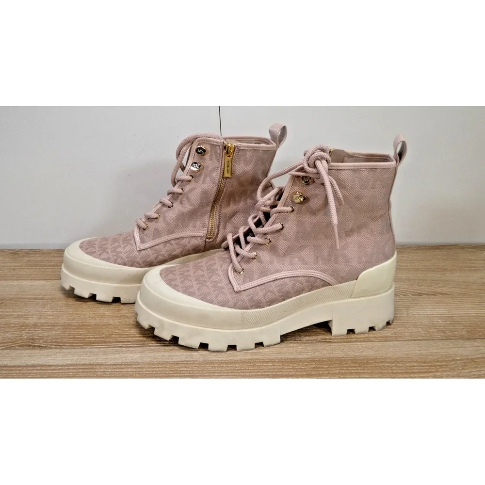 Michael KORS Natural Payton Logo Jacquard Platform Combat Boots Women's 9.5M